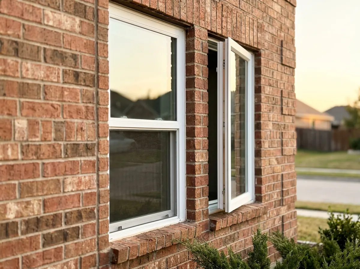 A double-hung window beside a crank-operated casement window on a North Texas brick home