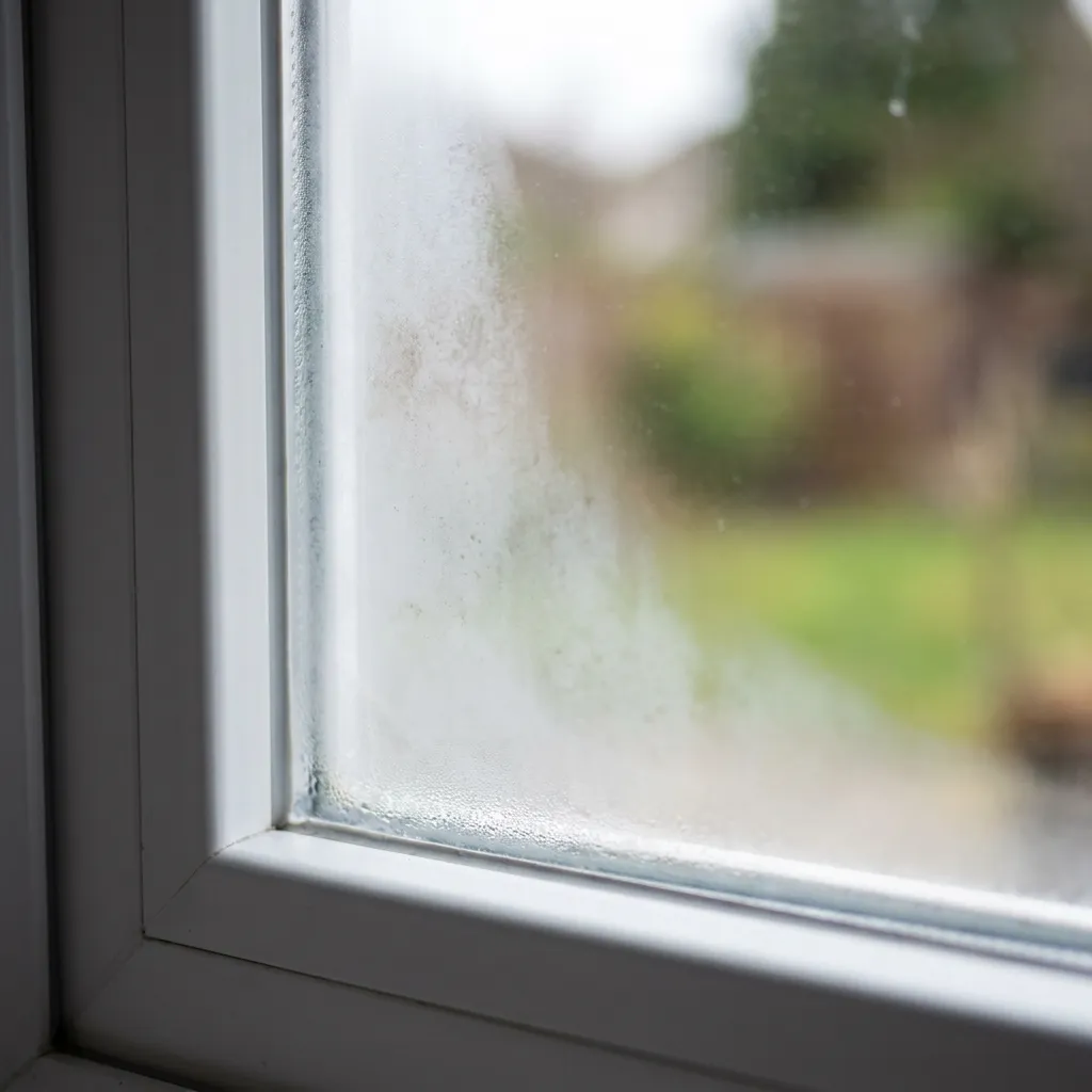 Close-up of a foggy insulated glass unit with condensation between the panes from a failed seal