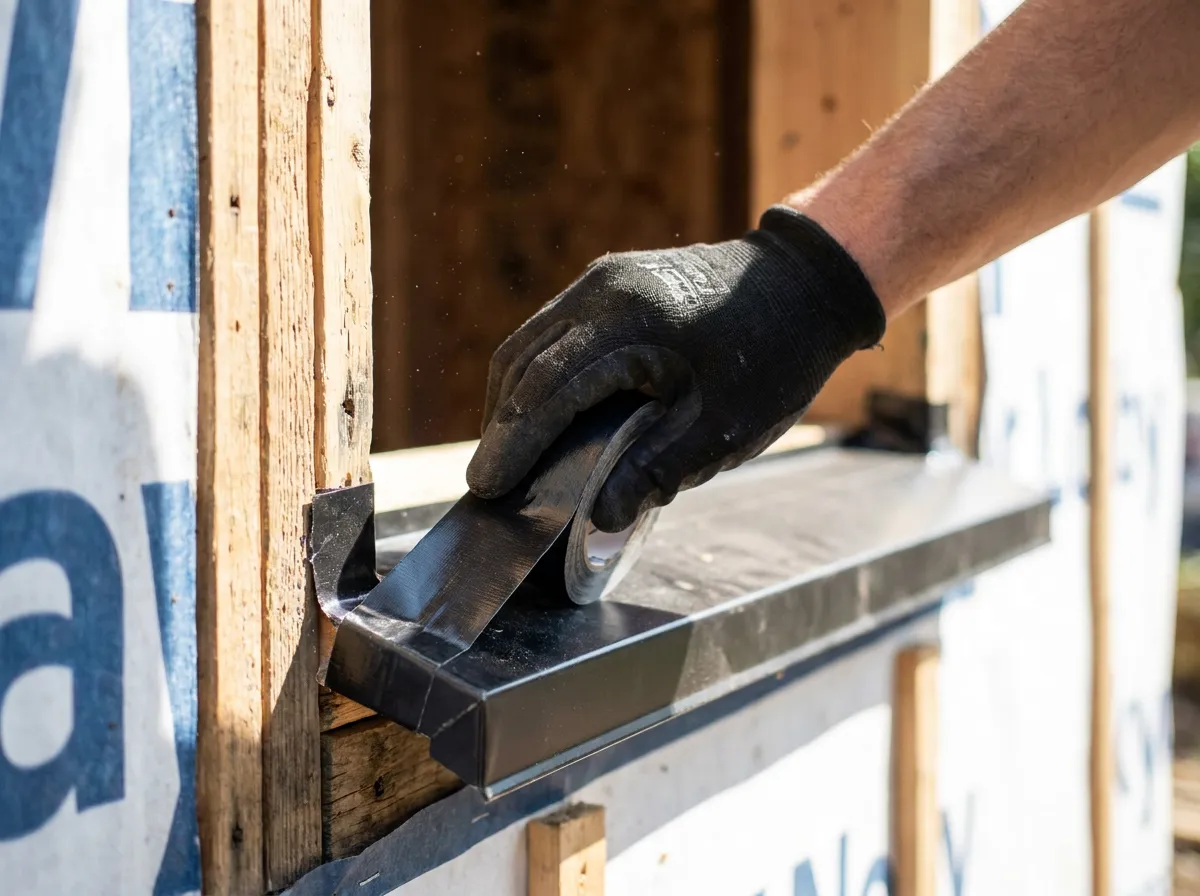 Sill pan and flashing tape installed in a window rough opening before the new unit is set