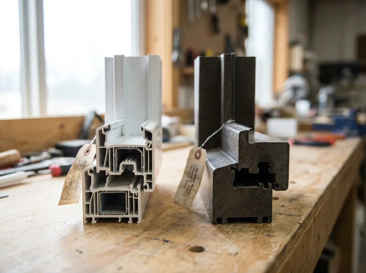 Cross-section comparison of a vinyl window frame and a fiberglass window frame showing wall thickness and chambers